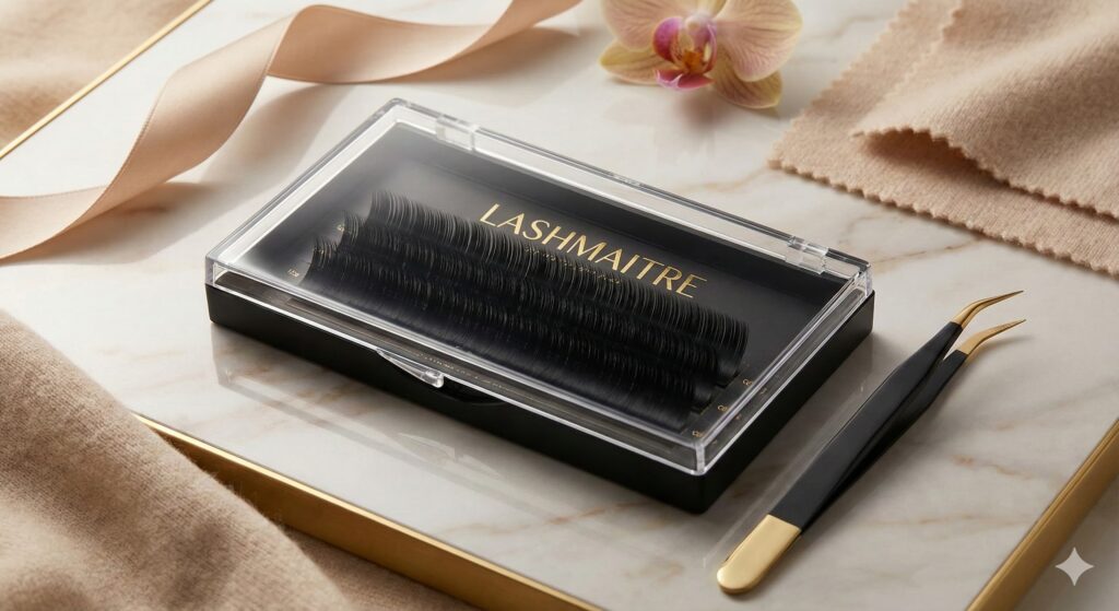 Cashmere lash extensions tray from LASHMAITRE, soft lightweight cashmere lashes with a deep matte finish