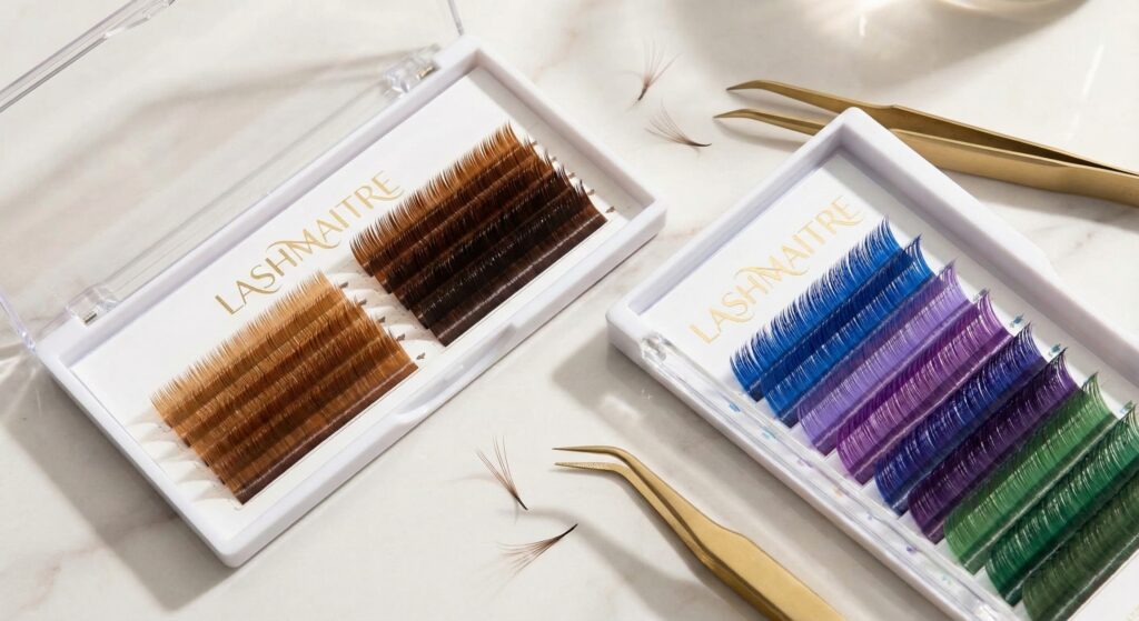 Brown eyelash extensions tray from LASHMAITRE, soft brown lashes for a natural-looking lash line