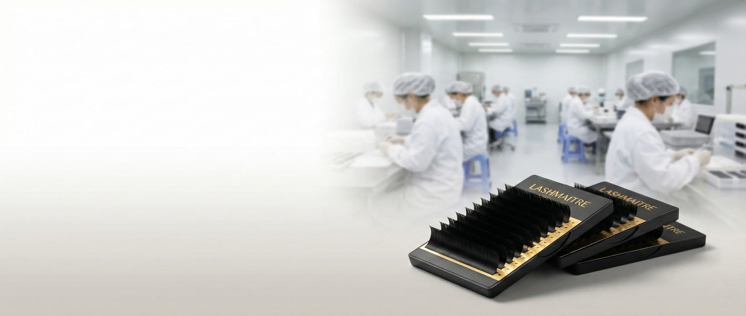 LASHMAITRE wholesale eyelash extensions manufacturer product display with trays and factory background