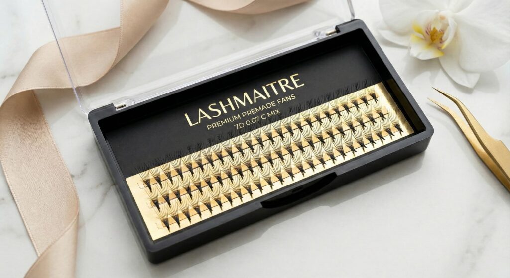 Premade volume fans tray from LASHMAITRE, premade fans for fast volume lash extension application