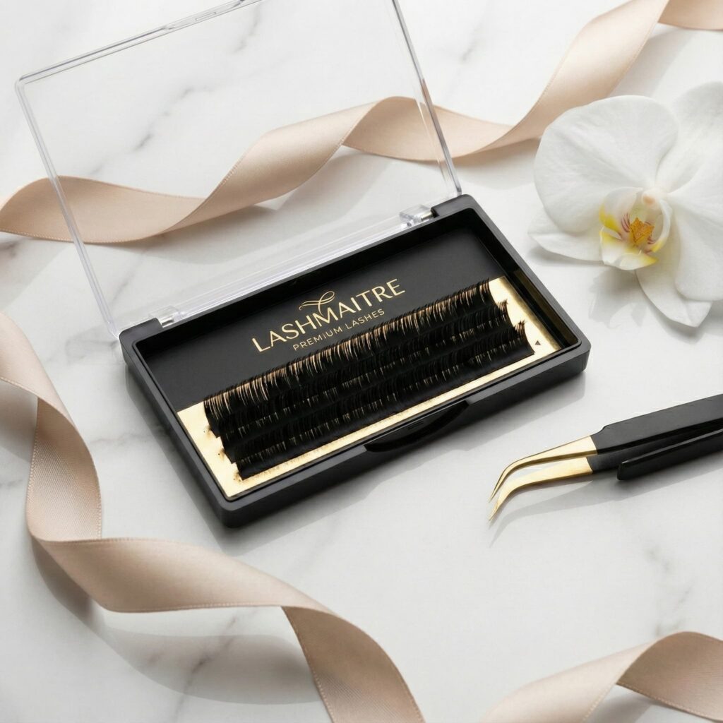 Premium eyelash extensions tray from LASHMAITRE, professional lashes with consistent curl and deep black finish