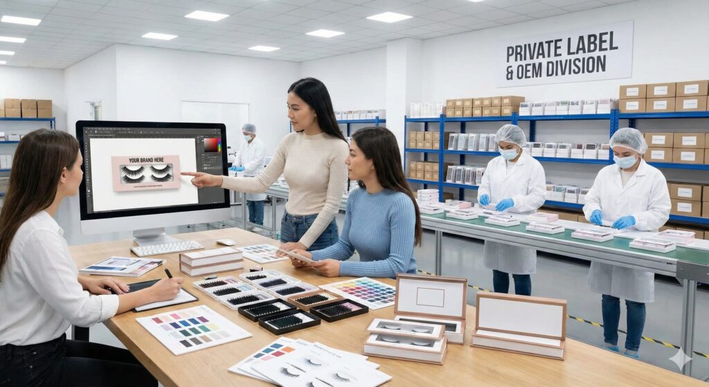 Private label lash packaging mockups with custom logo and product boxes arranged on a table