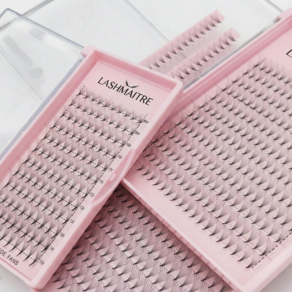 Long stem premade fans tray label showing thickness options 0.05 and 0.07 and curl/length specs