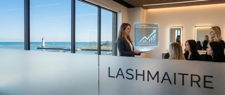 A strategic visualization of a modern, high-profit beauty studio, representing the 2026 business blueprint for growing an eyelash extensions brand in Kenosha, WI.
