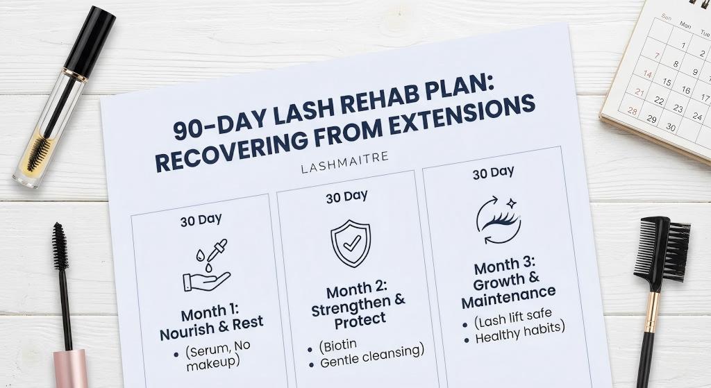 LASHMAITRE 90-day rehab plan chart outlining steps to restore eyelashes damaged after extensions, including nourishing and strengthening phases.