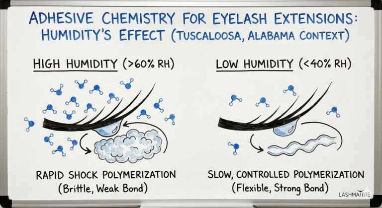 LASHMAITRE educational chart explaining adhesive chemistry and humidity effects on eyelash extensions in Tuscaloosa, Alabama.