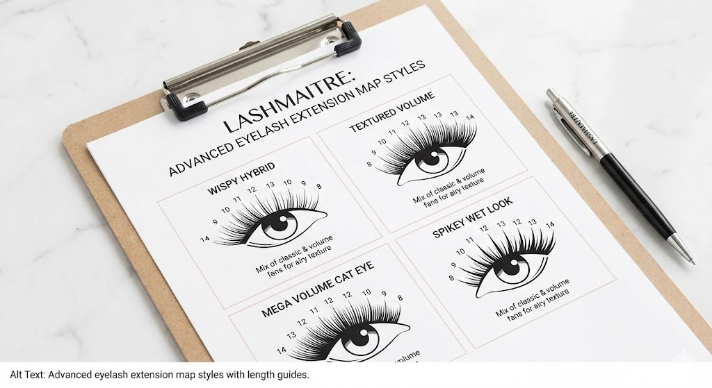 LASHMAITRE clipboard guide displaying advanced eyelash extension mapping techniques, highlighting a specific wispy lash map, textured volume, mega volume cat eye, and spikey wet look with millimeter length indicators.
