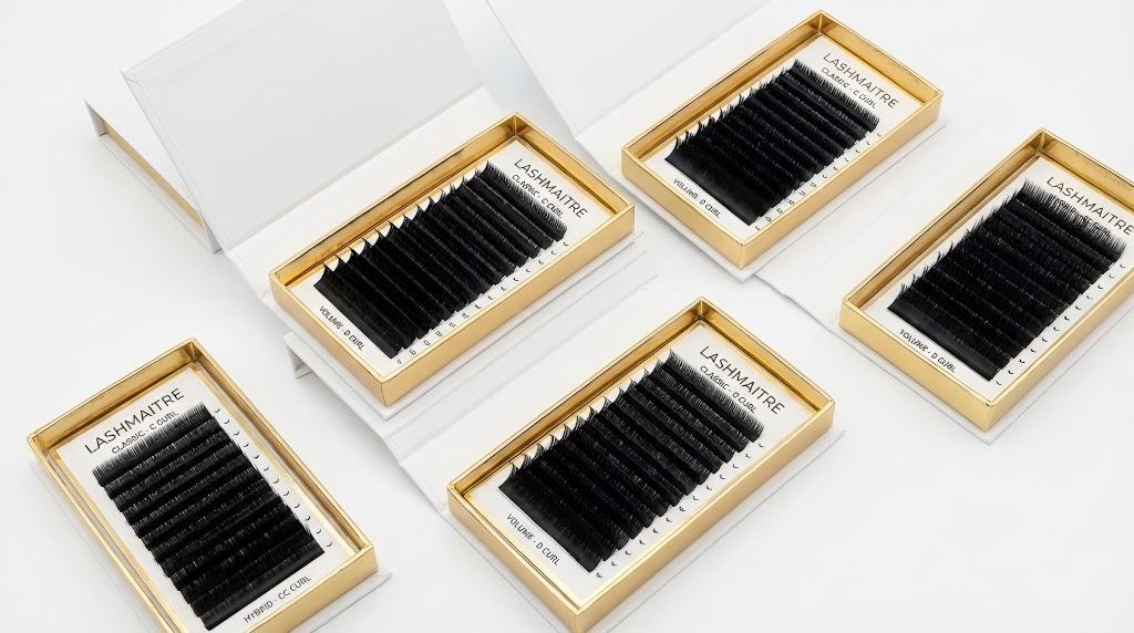 A professional display of neatly arranged LASHMAITRE trays showcasing multiple types of eyelash extensions, including various curls and thicknesses, in premium wholesale packaging.