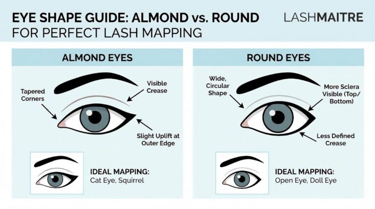 A LASHMAITRE eye shape guide diagram comparing the characteristics of almond eyes versus round eyes and recommending ideal lash mapping styles, such as Cat Eye and Squirrel for almond eyes.