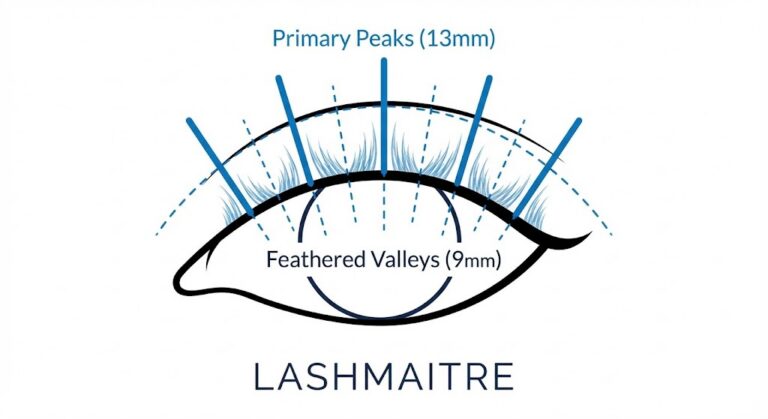 Technical diagram showing anime eyelash extensions mapping by LASHMAITRE, illustrating 13mm primary peaks and 9mm feathered valleys for a spikey manga look.