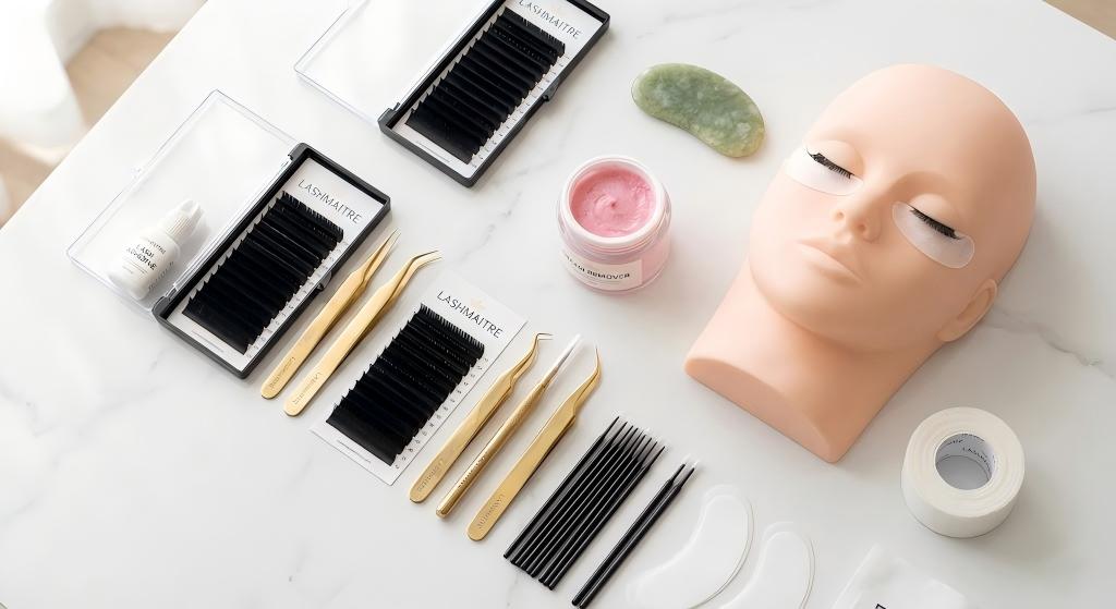 High-angle flat lay on white marble showing the complete LASHMAITRE professional student kit, including gold tweezers, lash trays, and a mannequin head, provided in our eyelash extension course Brisbane.