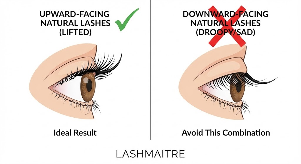 Educational diagram showing a side profile comparison of b curl eyelash extensions applied to upward-facing natural lashes (creating a lifted look) versus downward-facing natural lashes (creating a droopy look).