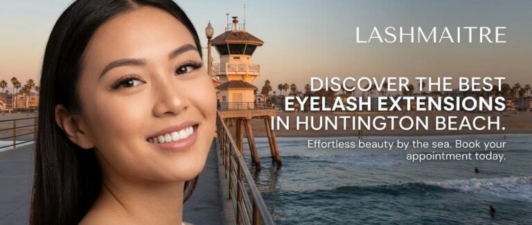 Close-up of a woman with flawless volume lashes standing on the iconic Huntington Beach Pier with the ocean background, demonstrating the durability of eyelash extensions in windy coastal conditions.