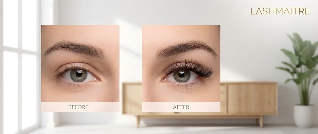 Split-screen before and after eyelash extensions comparison featuring LASHMAITRE premium hybrid lashes on a client in a clean US salon setting.
