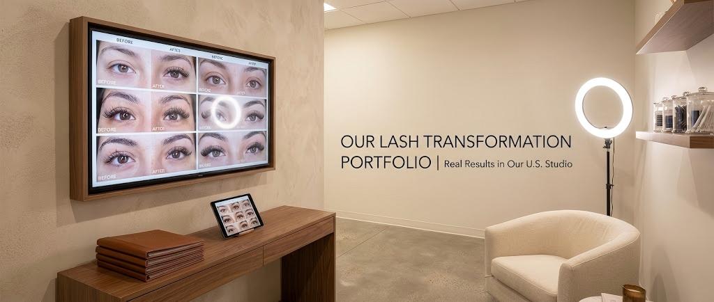A professional U.S. lash studio reception area featuring a large digital screen and tablet displaying a grid of before and after photos of eyelash extensions transformations. The text "OUR LASH TRANSFORMATION PORTFOLIO" is visible on the wall.