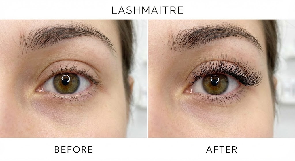 Split-screen beauty photography comparing a bare eye to one enhanced with LASHMAITRE extensions, illustrating the subtle lift and definition of natural lash styles.
