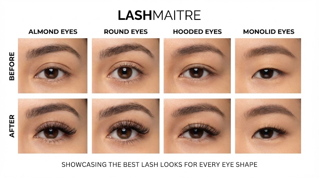 A detailed comparison layout showing before and after lash transformations organized by eye shape, serving as a real-life eyelash extensions style chart to demonstrate the best looks for hooded, almond, and round eyes.