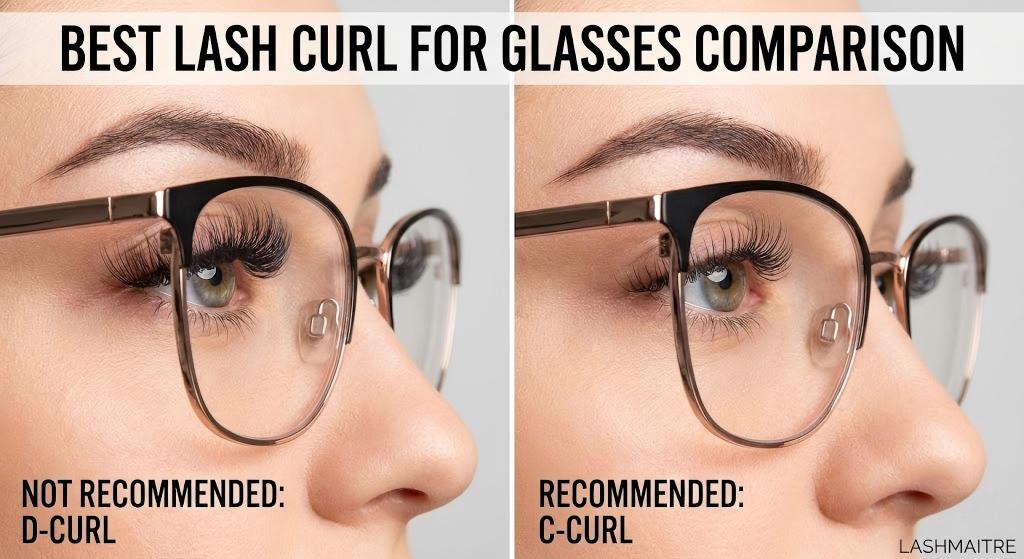 A LASHMAITRE side-by-side comparison demonstrating the best practices for eyelash extensions with glasses. The left panel shows "Not Recommended: D-Curl" lashes brushing against the lens, while the right panel shows "Recommended: C-Curl" lashes clearing the lens comfortably.