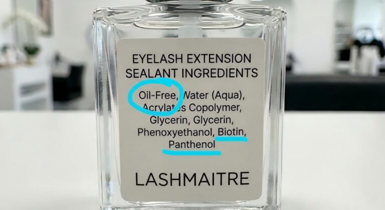 Close-up of the best eyelash extension sealant ingredient label, highlighting safe oil-free formula and nourishing Panthenol.