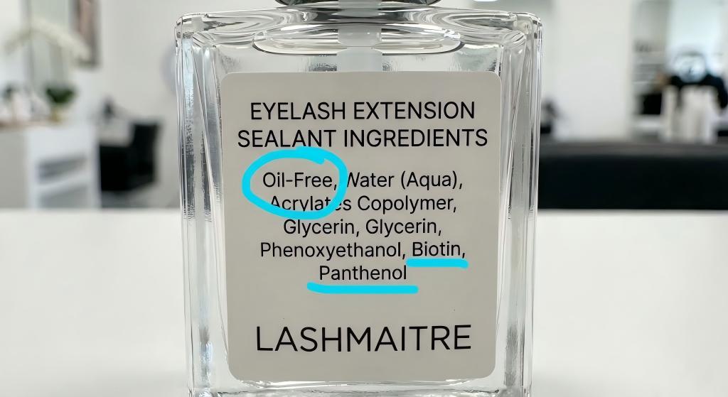 Close-up of the best eyelash extension sealant ingredient label, highlighting safe oil-free formula and nourishing Panthenol.