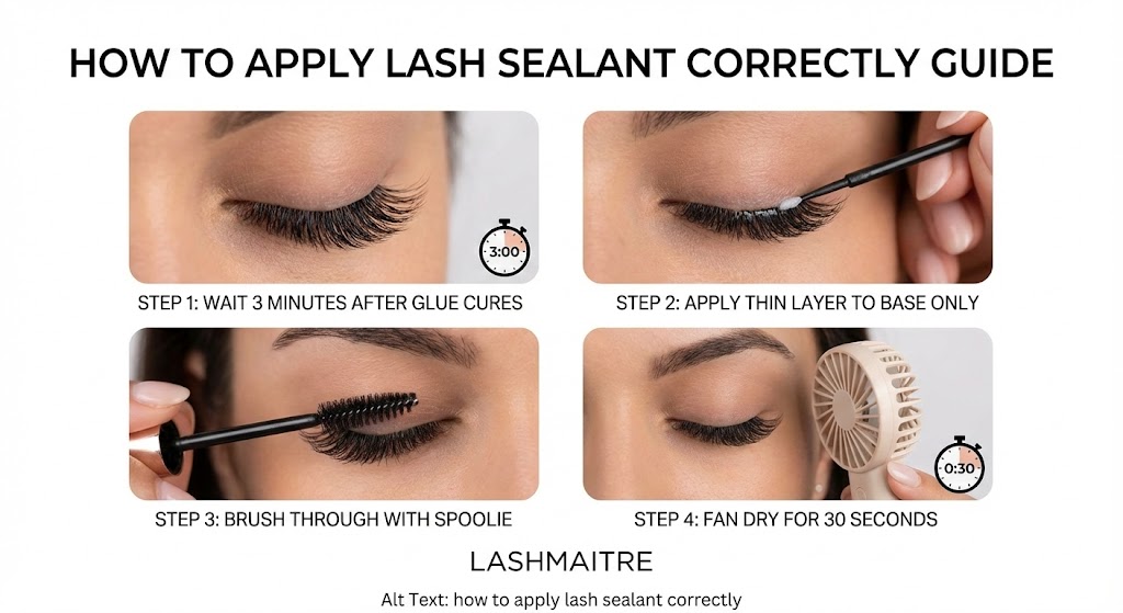Step-by-step visual guide demonstrating how to apply the best eyelash extension sealer correctly for maximum retention.