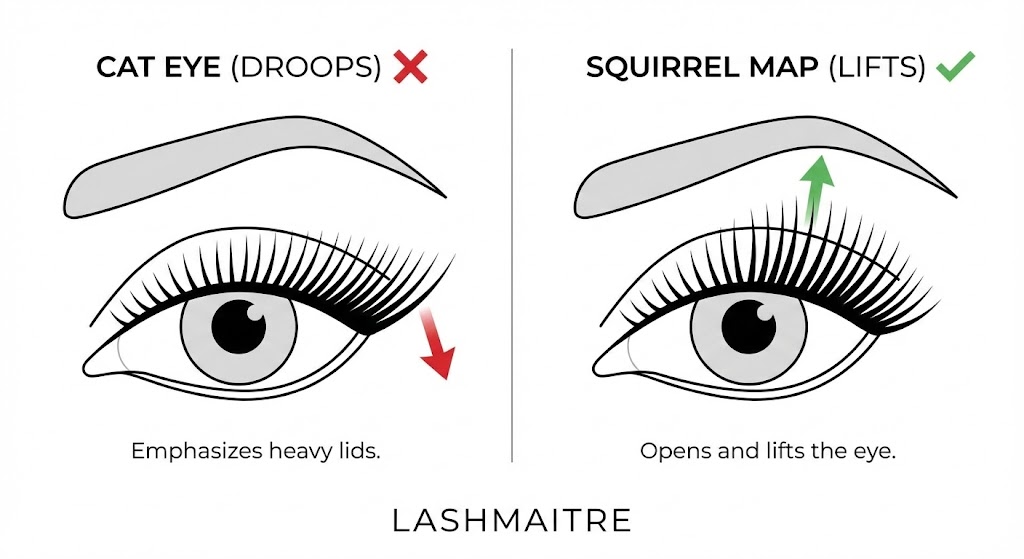Lash mapping diagram comparing "Cat Eye" and "Squirrel Map" styles on a hooded eye, illustrating why the Squirrel Map is one of the best eyelash extensions for hooded eyes because it lifts the eye at the arch instead of weighing down the outer corner.