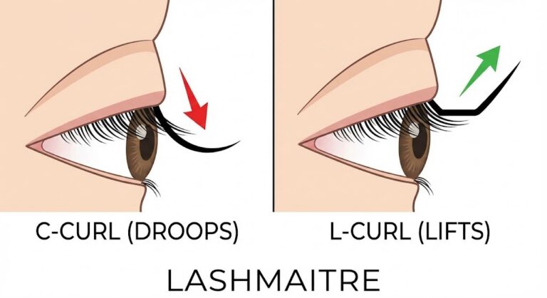 A cross-section diagram comparing C-Curl and L-Curl lashes on a hooded eye, illustrating why L-Curl is considered one of the best eyelash extensions for hooded eyes because it lifts past the eyelid fold instead of drooping.