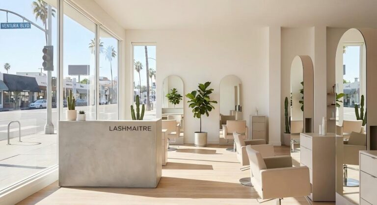 The sunlit, minimalist interior of LASHMAITRE on Ventura Blvd, a top-rated salon providing luxury eyelash extensions Studio City residents trust for a high-end beauty experience.