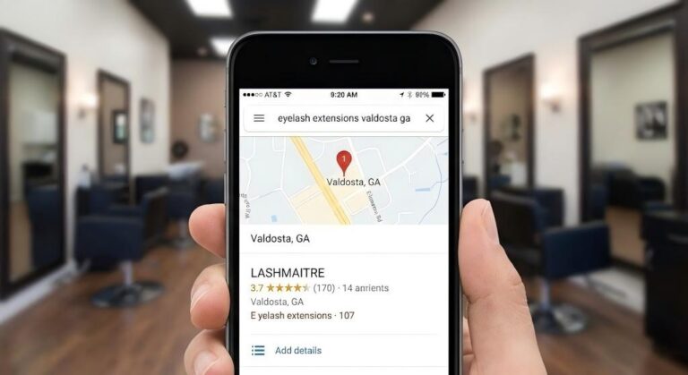 A smartphone screen displaying Google Maps search results for "eyelash extensions Valdosta," showing LASHMAITRE as a top-rated local business with 5-star reviews.