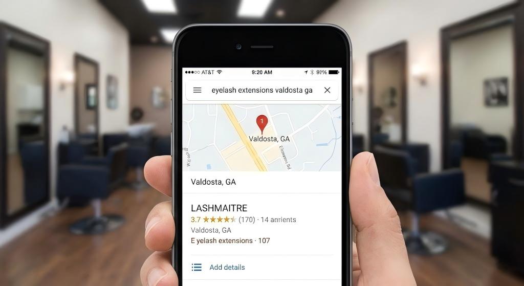 A smartphone screen displaying Google Maps search results for "eyelash extensions Valdosta," showing LASHMAITRE as a top-rated local business with 5-star reviews.