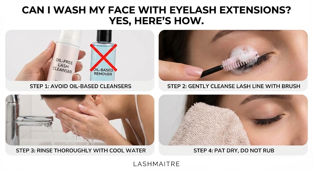 Step-by-step infographic demonstrating how to use the best face wash for eyelash extensions for a safe, oil-free clean.