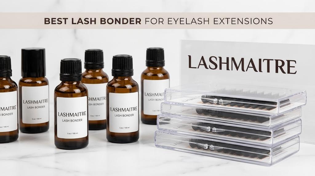 Premium LASHMAITRE retention sealant bottles arranged alongside professional lash trays in a clean studio setting, showcasing the best lash bonder for eyelash extensions for wholesale buyers.