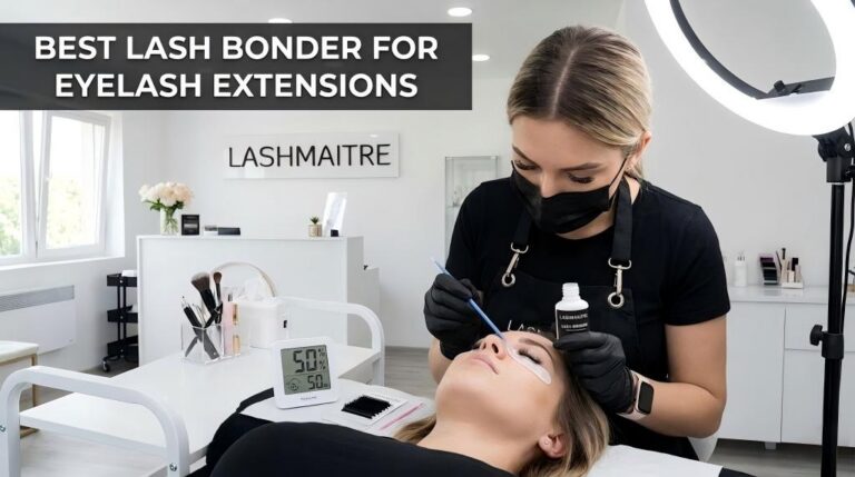 A professional lash artist applying LASHMAITRE sealant in a controlled salon environment, demonstrating the proper use of the best lash bonder for eyelash extensions to lock in retention.