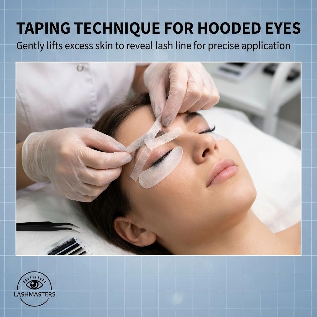 A technical diagram comparing C, L, and M curl profiles, illustrating how the flat base of L and M curls bypasses the eyelid hood. This visual guide demonstrates why L and M are considered the best lash curls for hooded eyes to achieve a lifted look.