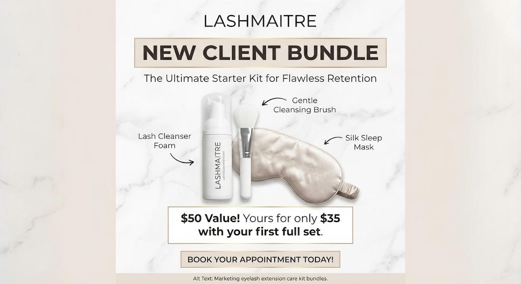 A bottle of LASHMAITRE foam cleanser and a soft brush on a marble counter, marketed as the best lash shampoo for retention due to its oil-free, deep-cleaning formula.