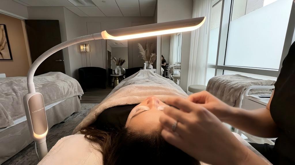 A client's perspective relaxing during a lash application in a luxury U.S. salon, illuminated by a premium LASHMAITRE lamp, showcasing one of the best LED lights for eyelash extensions in use.