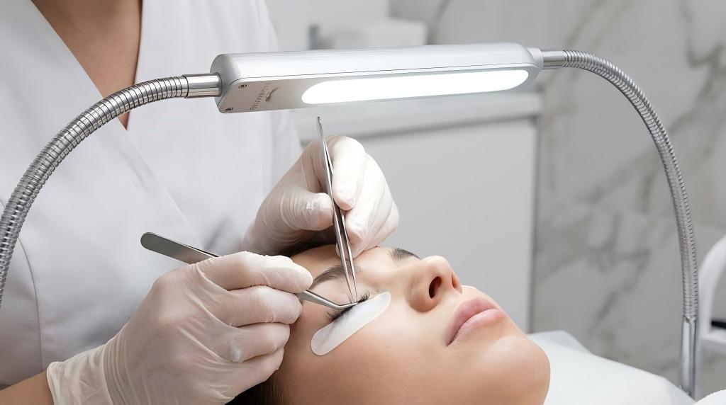 Macro close-up of a LASHMAITRE professional lamp illuminating a precise lash isolation process, demonstrating the clarity provided by one of the best LED lights for eyelash extensions.