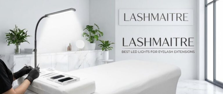 A modern LASHMAITRE salon workstation equipped with the best LED lights for eyelash extensions, illuminating lash trays and tools for precision application.