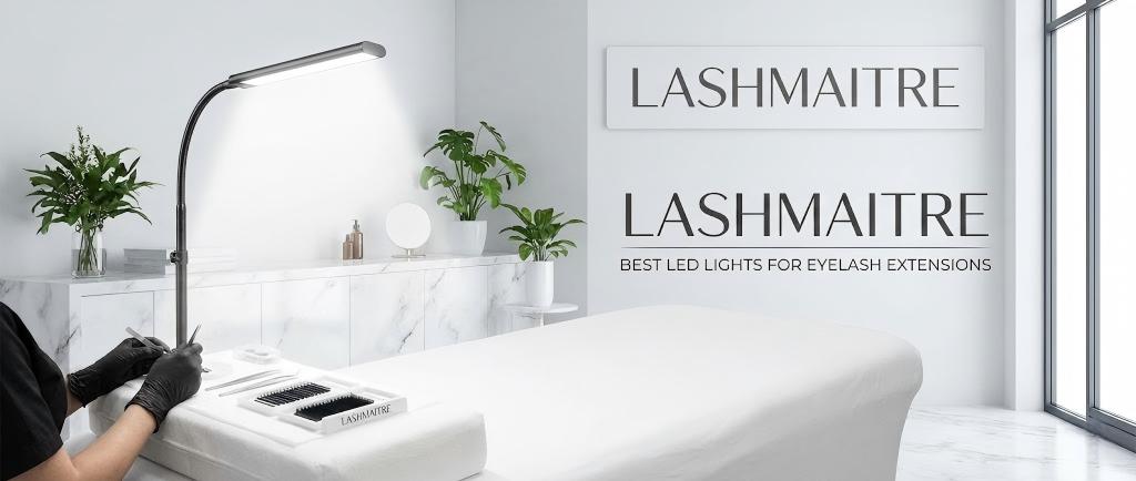 A modern LASHMAITRE salon workstation equipped with the best LED lights for eyelash extensions, illuminating lash trays and tools for precision application.