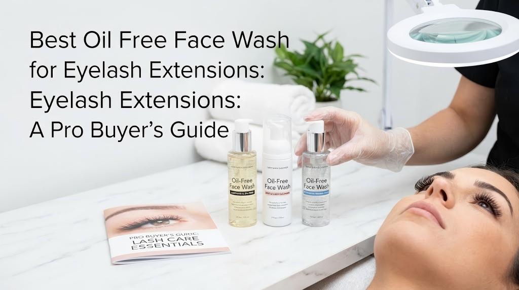A professional esthetician in a salon setting selects from three bottles of oil-free face wash, labeled as the best oil free face wash for eyelash extensions, next to a "Pro Buyer's Guide" booklet and a client lying down with lash extensions.