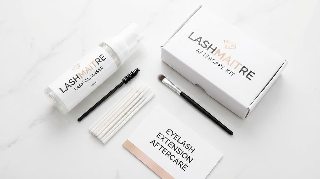 Top-down flat lay of LASHMAITRE foaming cleanser and soft washing brushes, the essential tools for a complete eyelash extension aftercare kit.
