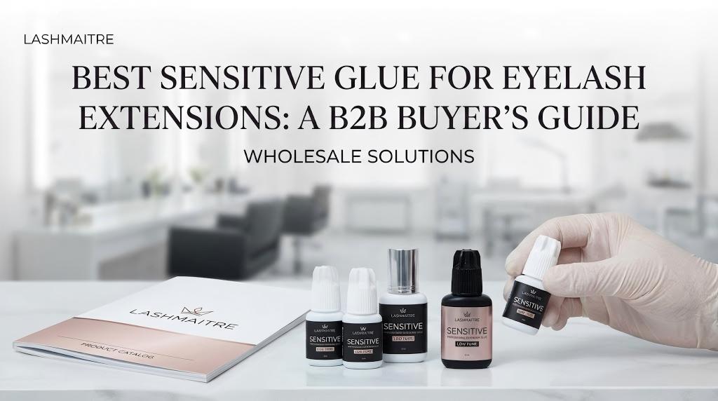 LASHMAITRE professional web banner featuring the "Best Sensitive Glue for Eyelash Extensions: A B2B Buyer’s Guide," displaying a product catalog and a gloved hand holding a sensitive adhesive bottle in the foreground.