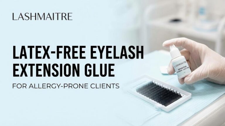 LASHMAITRE product image showing latex-free adhesive packaging, marketed as the best sensitive glue for eyelash extensions for allergy-prone clients.