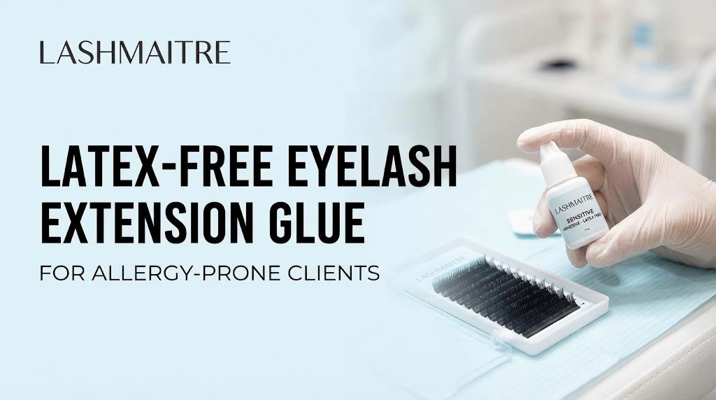 LASHMAITRE product image showing latex-free adhesive packaging, marketed as the best sensitive glue for eyelash extensions for allergy-prone clients.