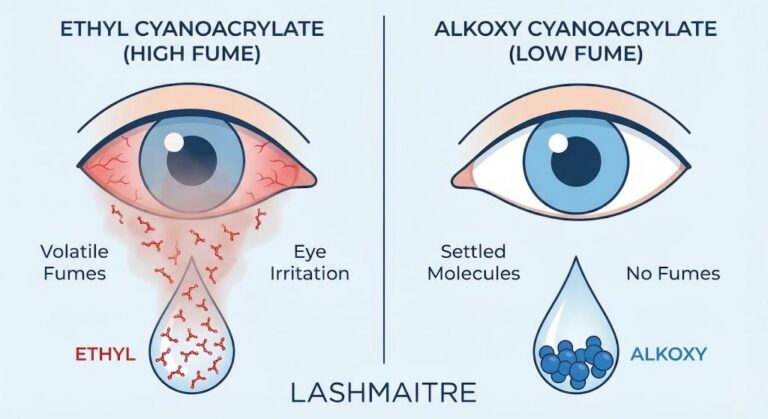 Scientific diagram comparing volatile Ethyl molecules with heavy Alkoxy molecules to explain why LASHMAITRE offers the best sensitive glue for eyelash extensions.