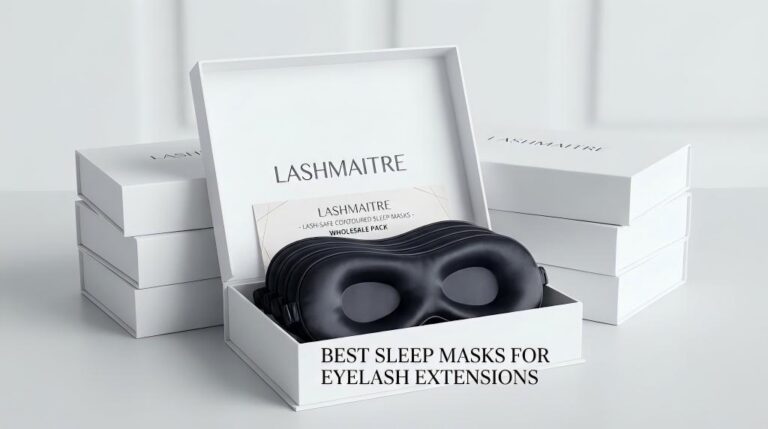 LASHMAITRE open wholesale presentation box containing black contoured 3D sleep masks, labeled as the best sleep masks for eyelash extensions to protect lash integrity.