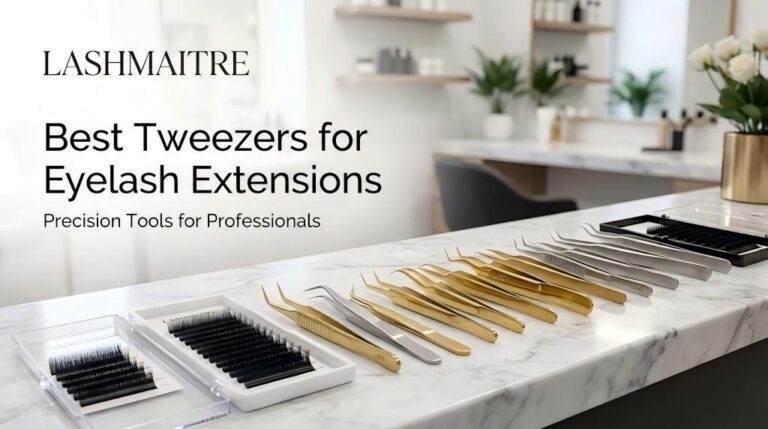 Professional LASHMAITRE gold and stainless steel lash tools arranged in a salon - rated as the best tweezers for eyelash extensions for precision work.