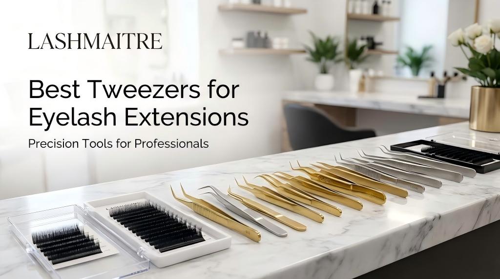 Professional LASHMAITRE gold and stainless steel lash tools arranged in a salon - rated as the best tweezers for eyelash extensions for precision work.