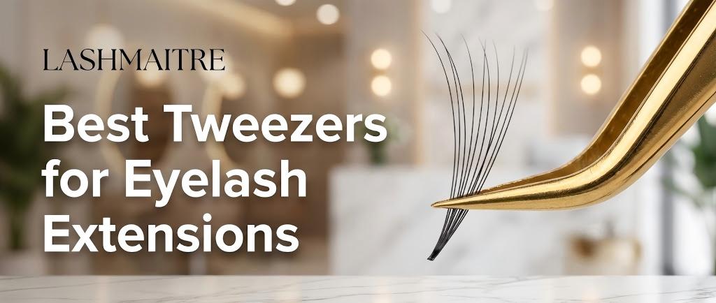 A close-up macro shot of LASHMAITRE professional gold tweezers holding a perfect volume lash fan in a luxury salon setting, showcasing the best tweezers for eyelash extensions precision work.