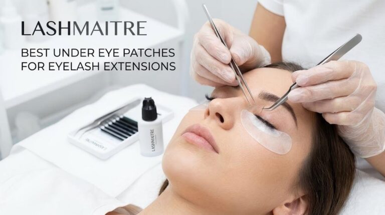 A professional LASHMAITRE technician applying extensions in a clean salon, using premium hydrogel pads, showcasing the best under eye patches for eyelash extensions for client comfort and isolation.